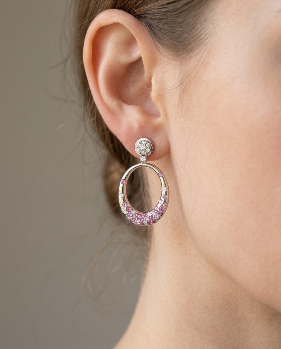 18KT White Gold Pink Sapphire and Diamond Earring on model