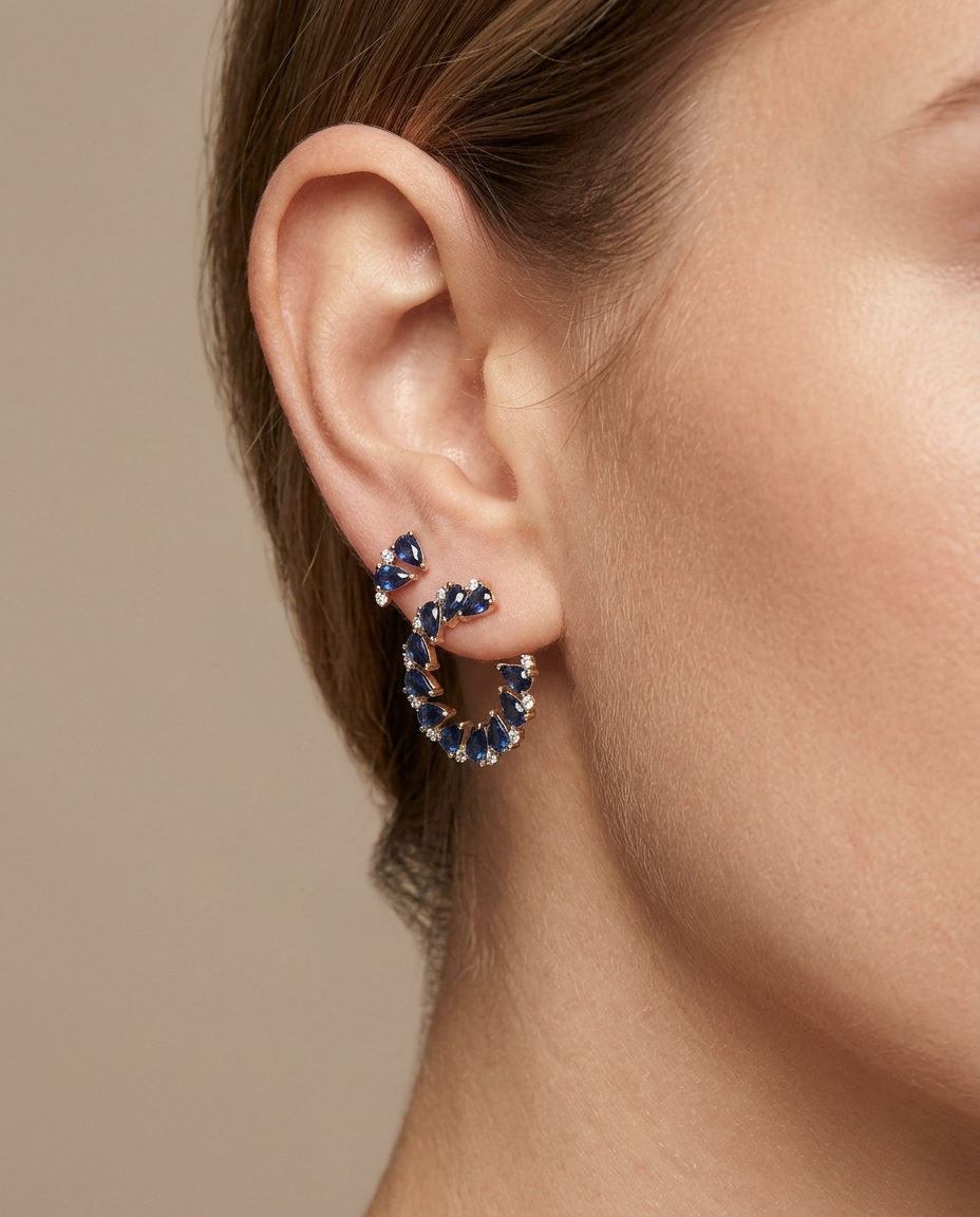 18KT Gold Blue Sapphire and Diamond Earring on model