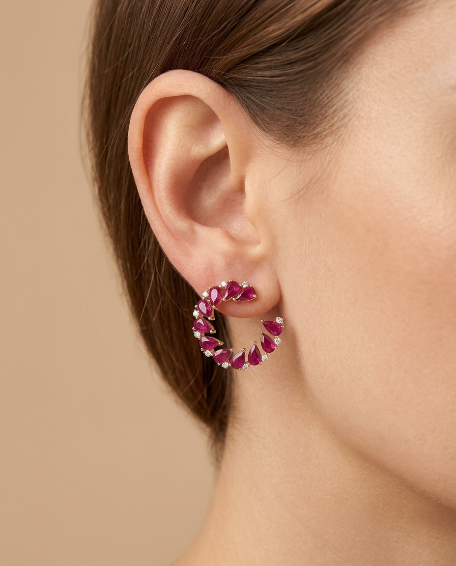 18KT Gold Ruby and Diamond Earring on model