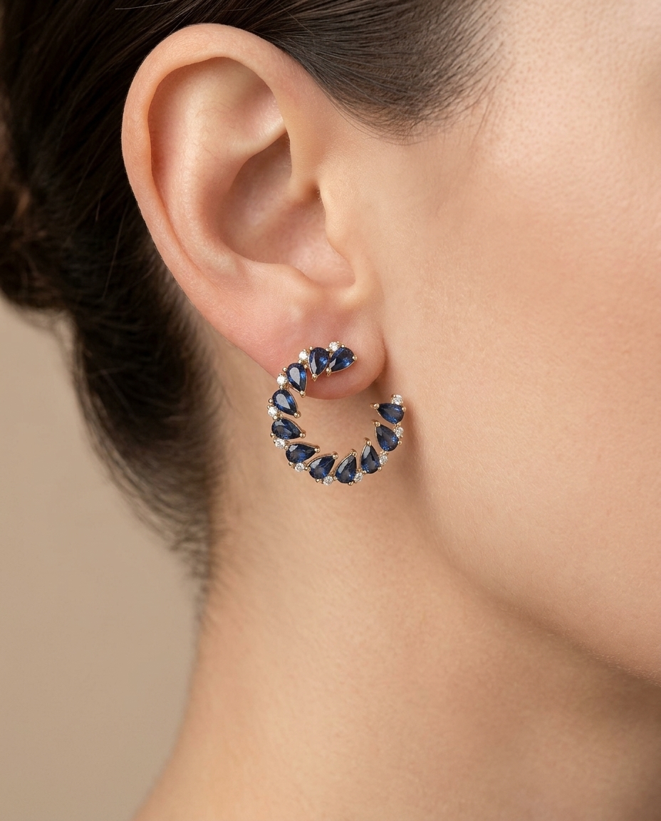 18KT Gold Blue Sapphire and Diamond Earring view 2