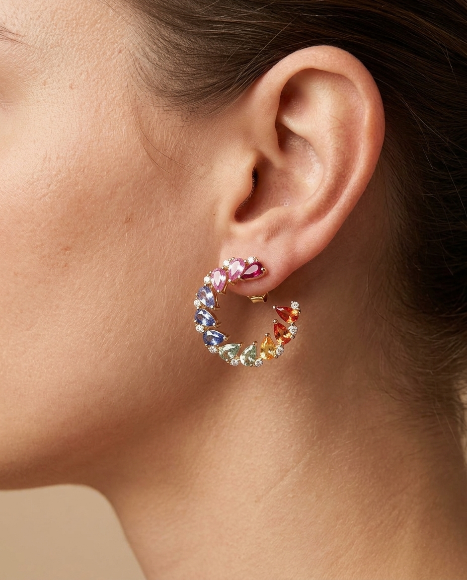 18KT Gold Multi Sapphire and Diamond Earring view 2
