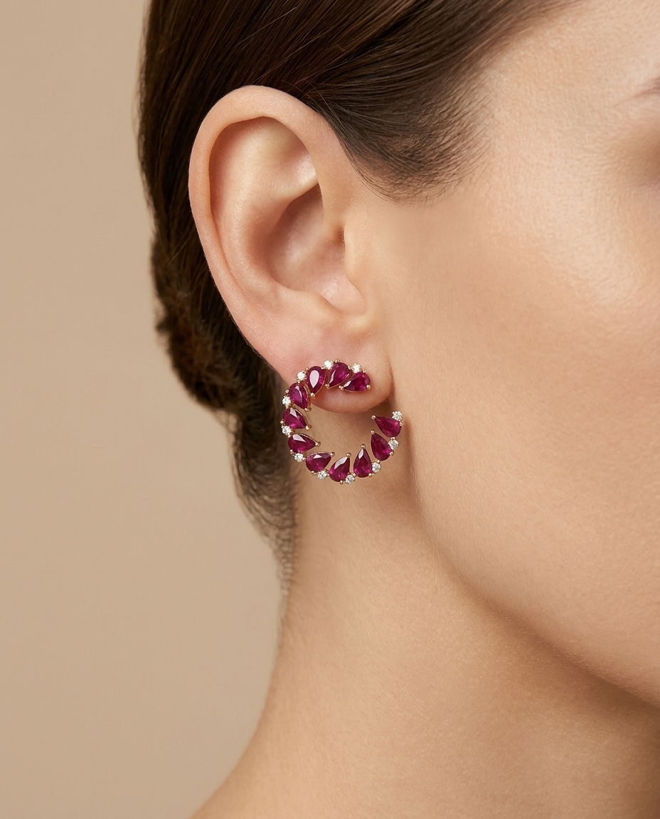 18KT Gold Ruby and Diamond Earring on model