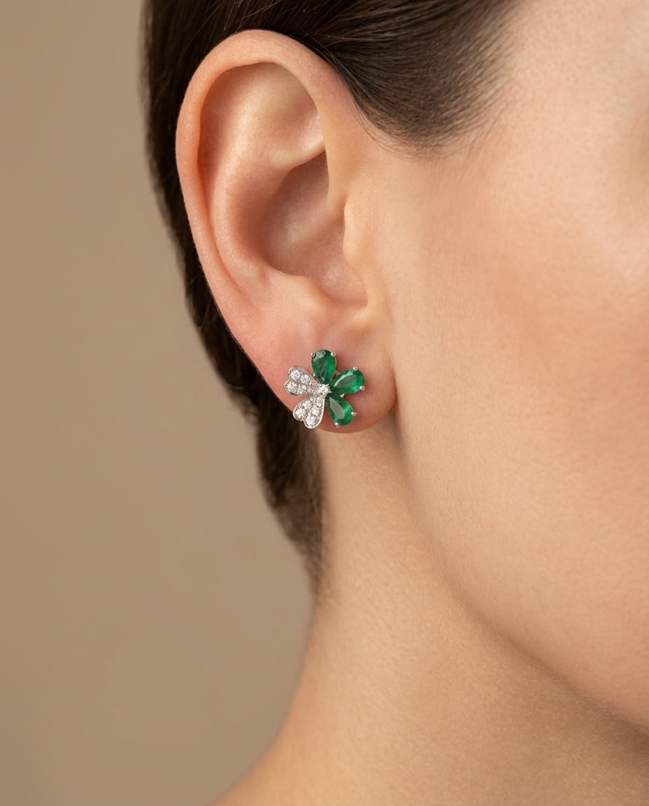 18KT White Gold Emerald and Diamond Earring view 2