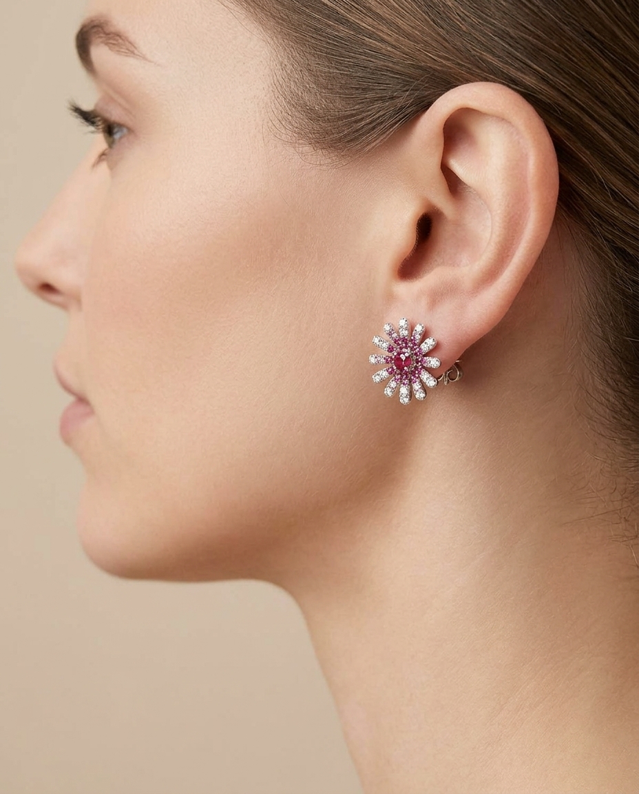 18KT White Gold Ruby Pink Sapphire and Diamond Earring on model