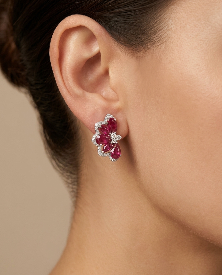 18KT White Gold Ruby and Diamond Earring view 2