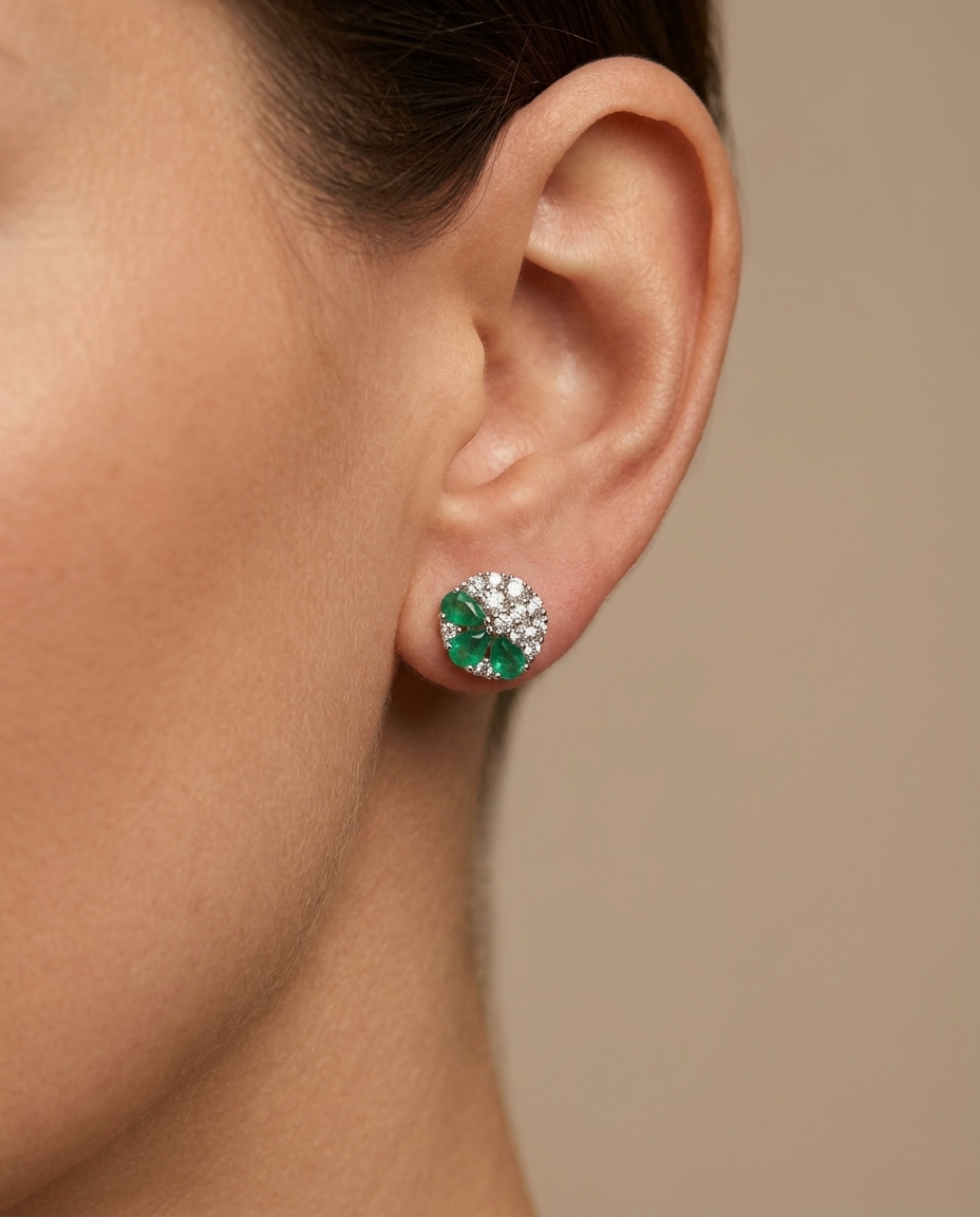 18KT White Gold Emerald and Diamond Earring view 2