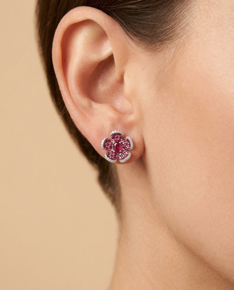 18KT White Gold Ruby and Diamond Earring on model