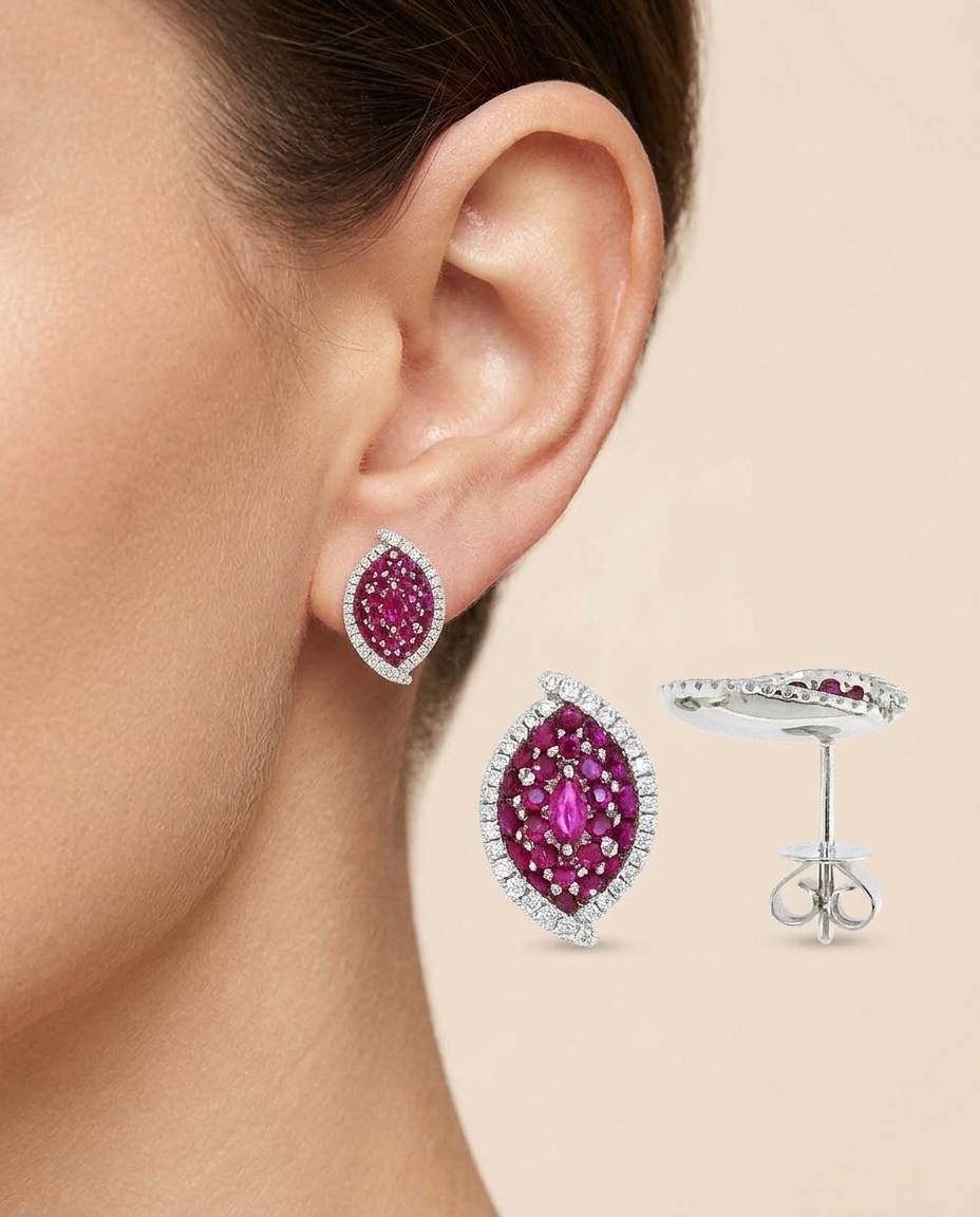 18KT White Gold Ruby and Diamond Earring view 2