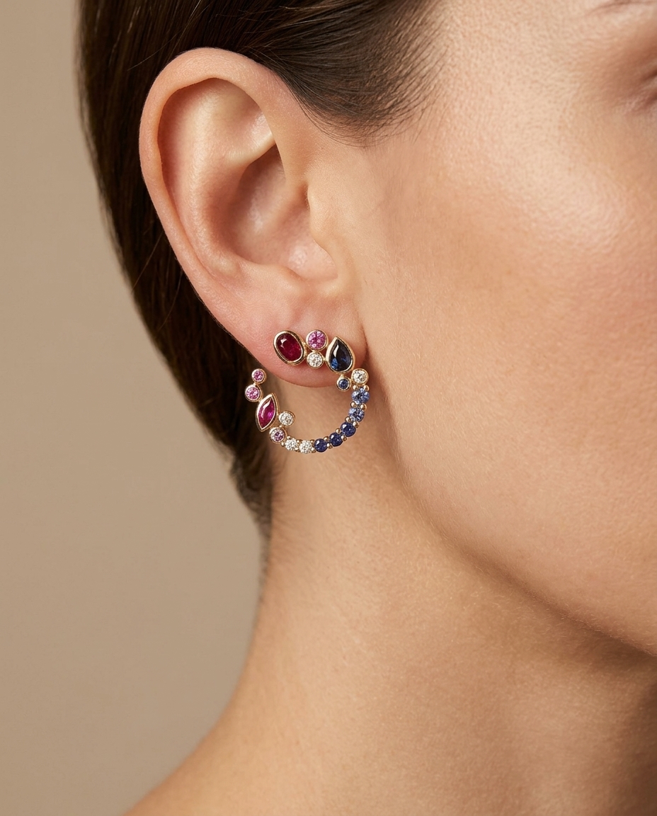 18KT Gold Pink Sapphire Ruby and Diamond Earring on model