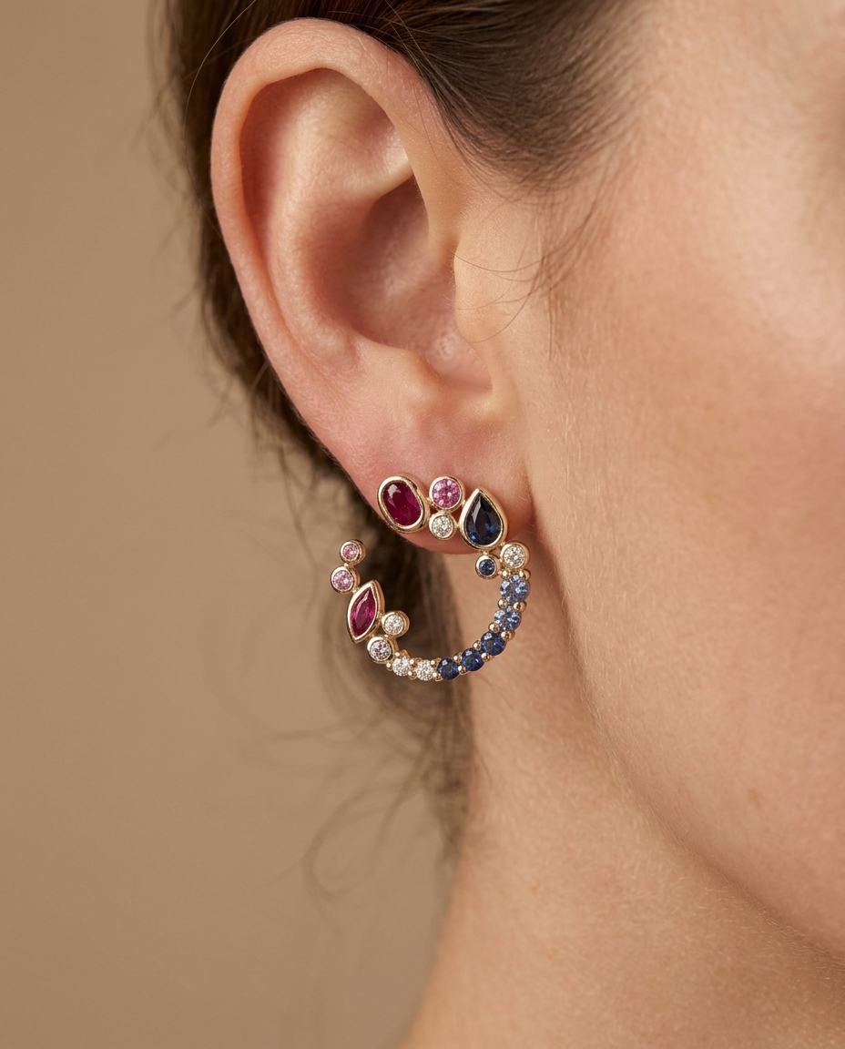 18KT Gold Pink Sapphire Ruby and Diamond Earring on model