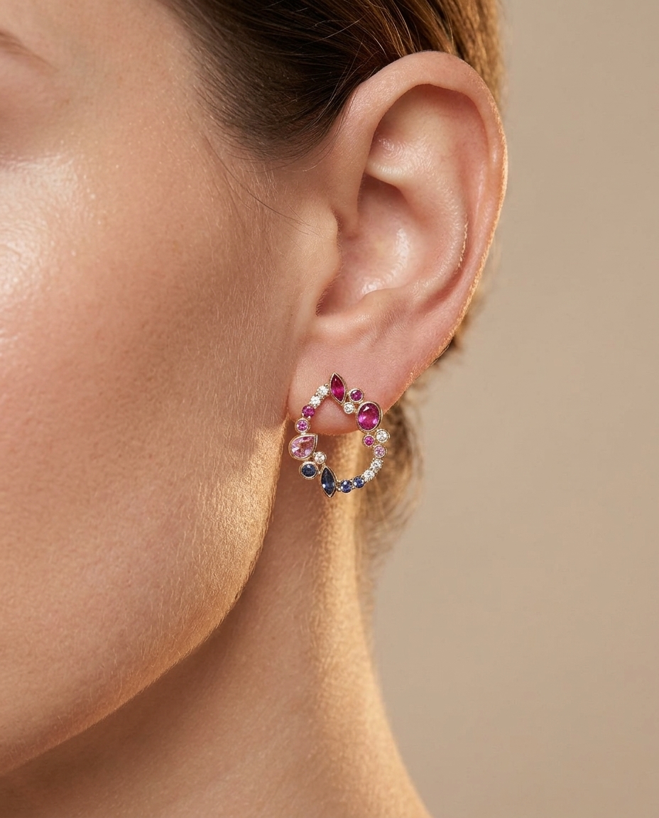 18KT Gold Pink Sapphire Ruby and Diamond Earring view 2