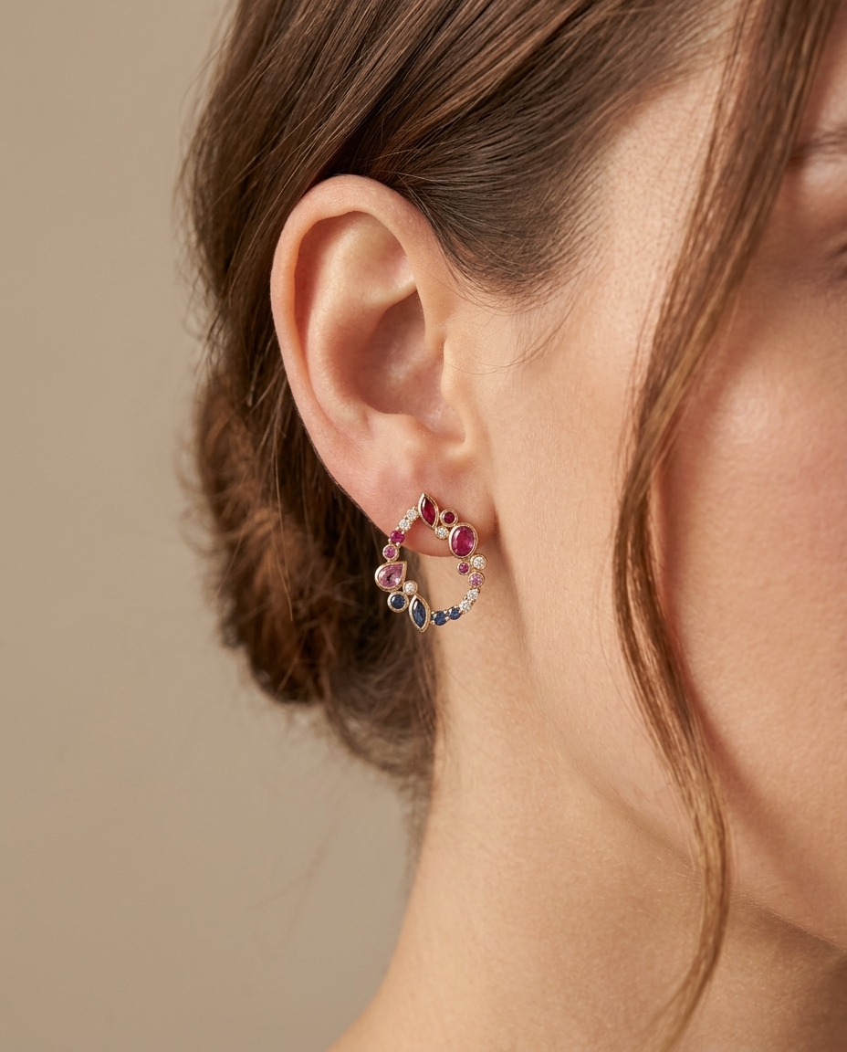 18KT Gold Pink Sapphire Ruby and Diamond Earring view 2