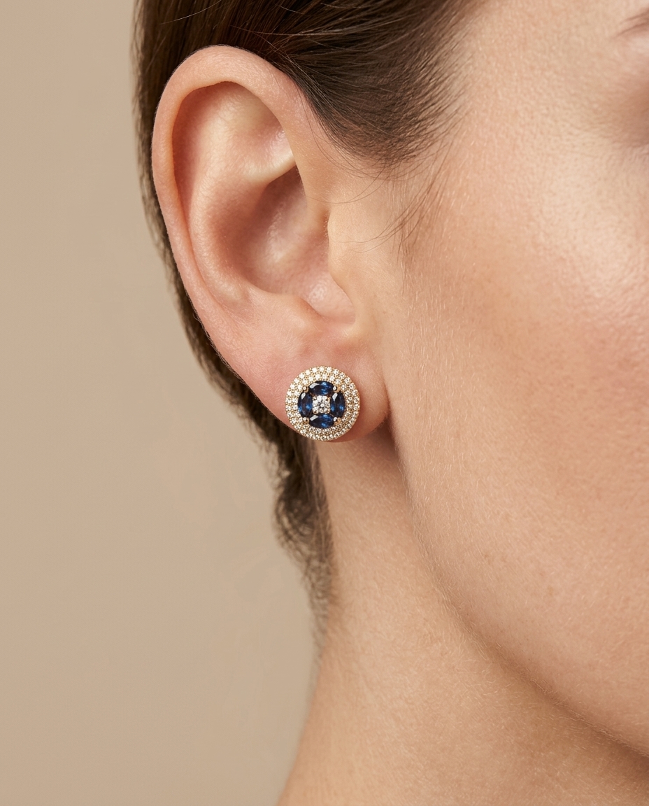 18KT Yellow Gold Blue Sapphire and Diamond Earring on model