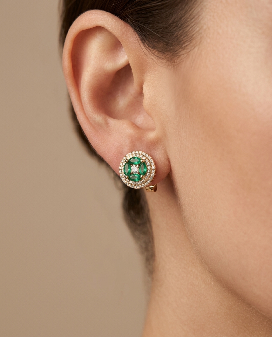 18KT Yellow Gold Emerald and Diamond Earring view 2