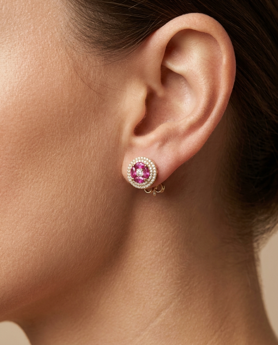 18KT Yellow Gold Ruby and Diamond Earring on model