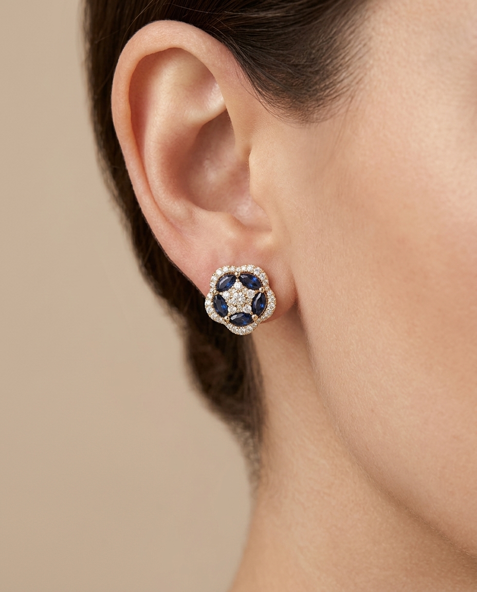 18KT Yellow Gold Blue Sapphire and Diamond Earring view 2