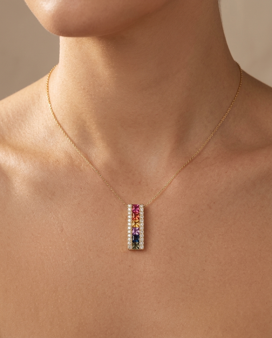 18KT Gold Multi Sapphire and Diamond Necklace view 2