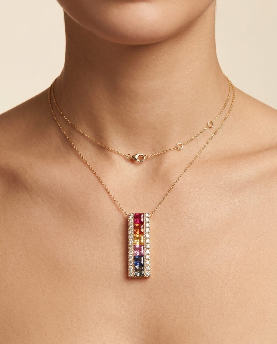 18KT Gold Multi Sapphire and Diamond Necklace on model