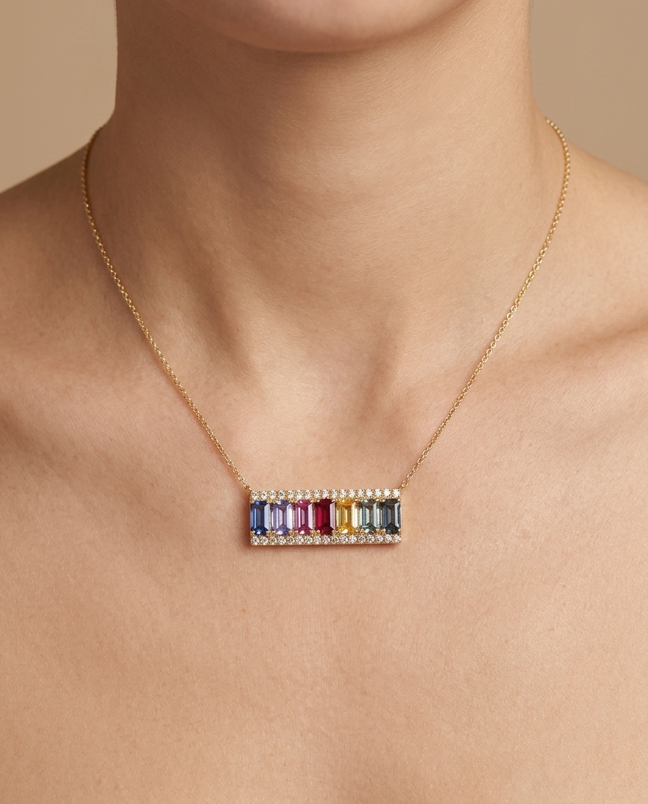 18KT Gold Multi Sapphire and Diamond Necklace on model