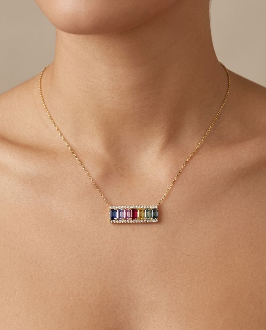 18KT Gold Multi Sapphire and Diamond Necklace on model
