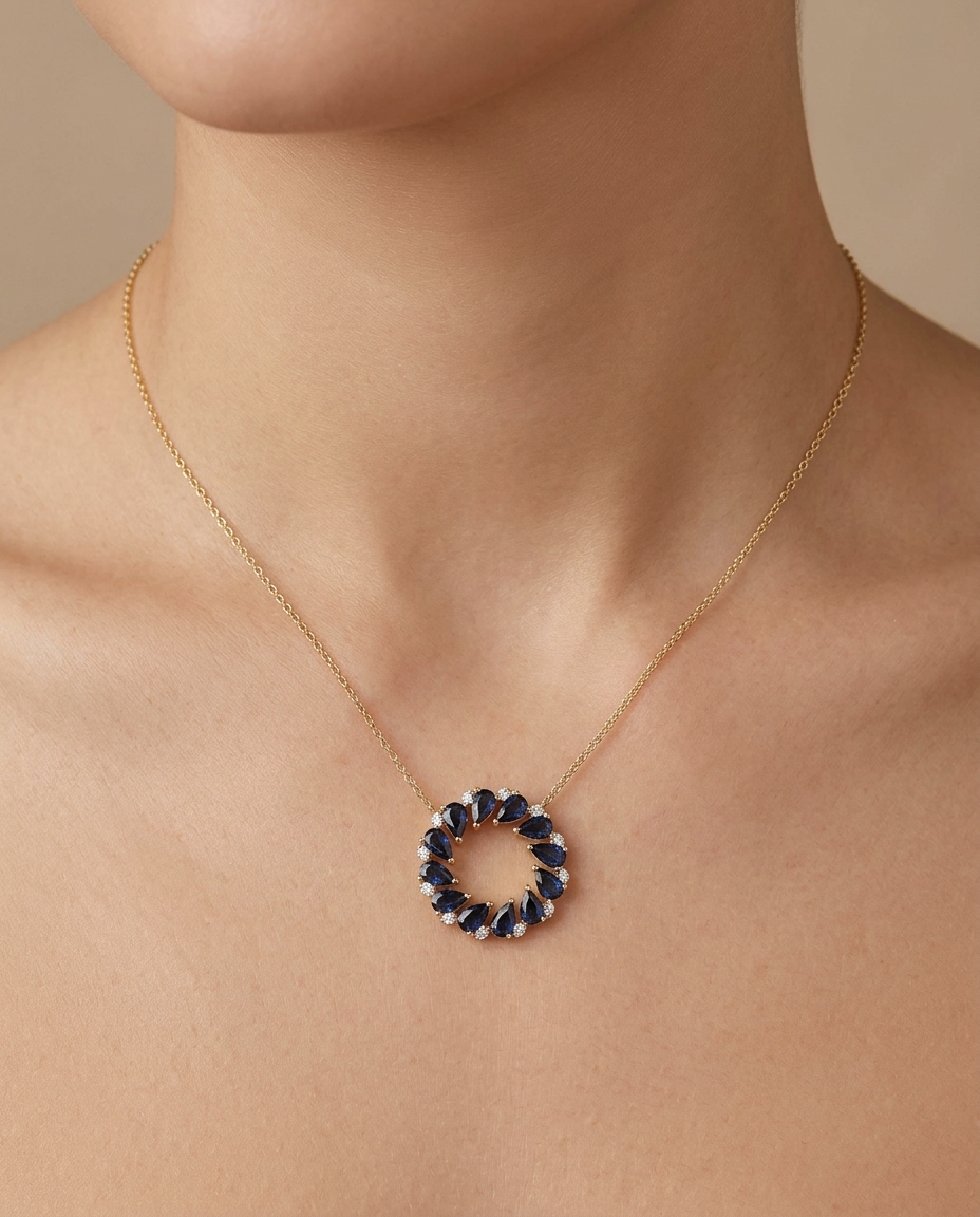 18KT Gold Blue Sapphire and Diamond Necklace on model