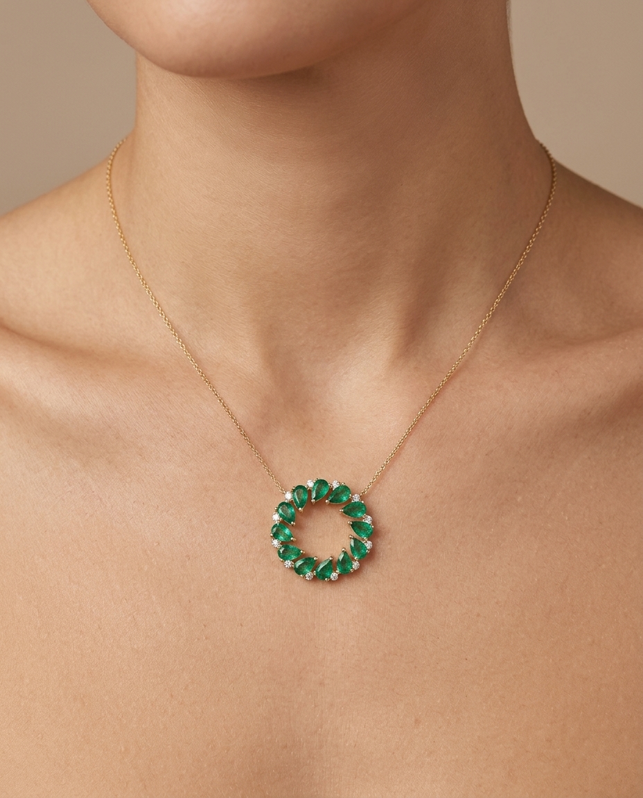 18KT Gold Emerald and Diamond Necklace on model