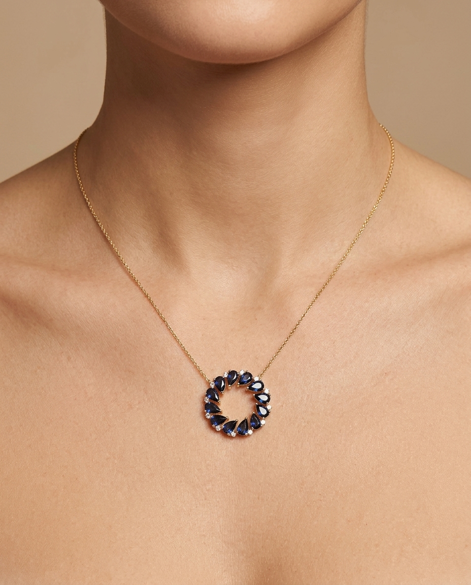 18KT Gold Blue Sapphire and Diamond Necklace on model