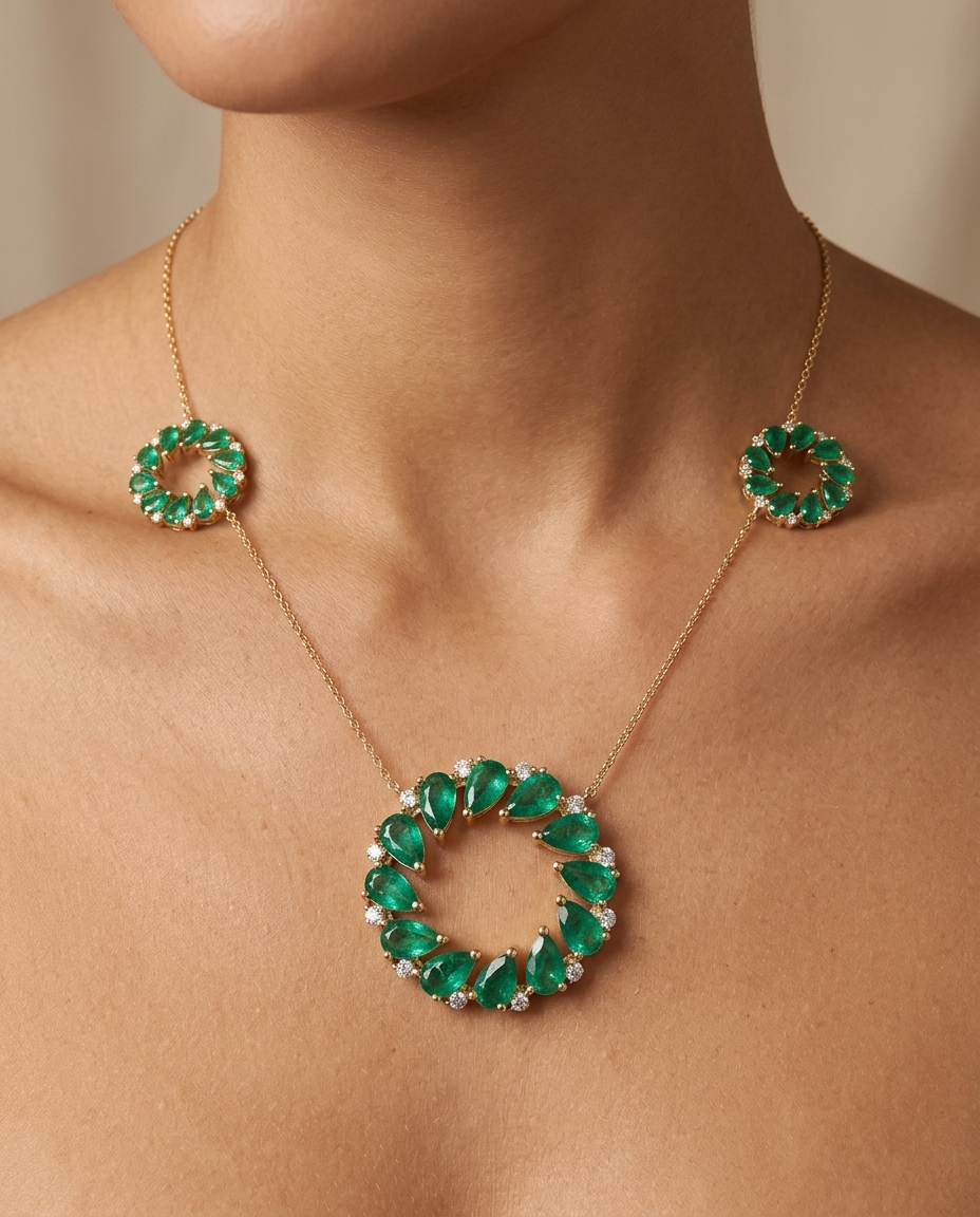 18KT Gold Emerald and Diamond Necklace on model