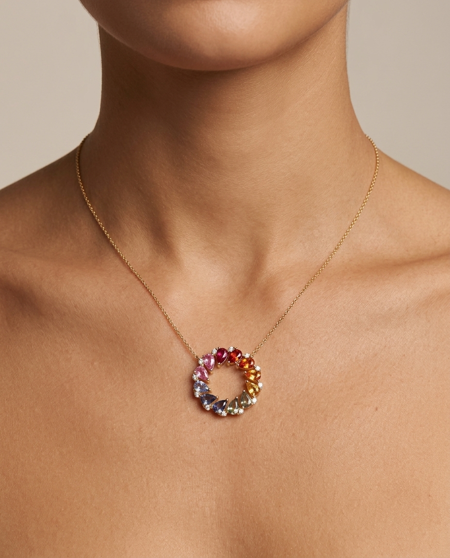 18KT Gold Multi Sapphire and Diamond Necklace on model