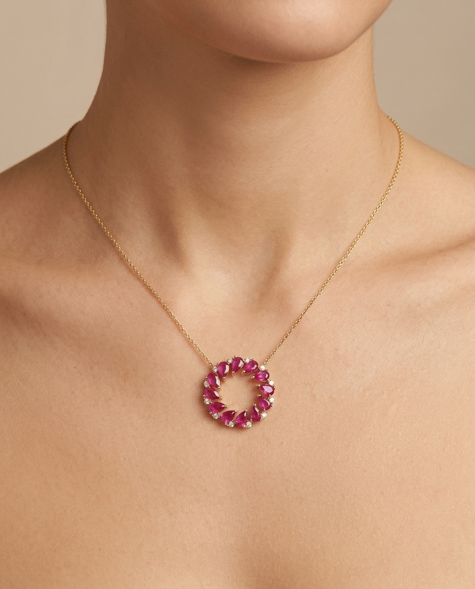 18KT Gold Ruby and Diamond Necklace on model
