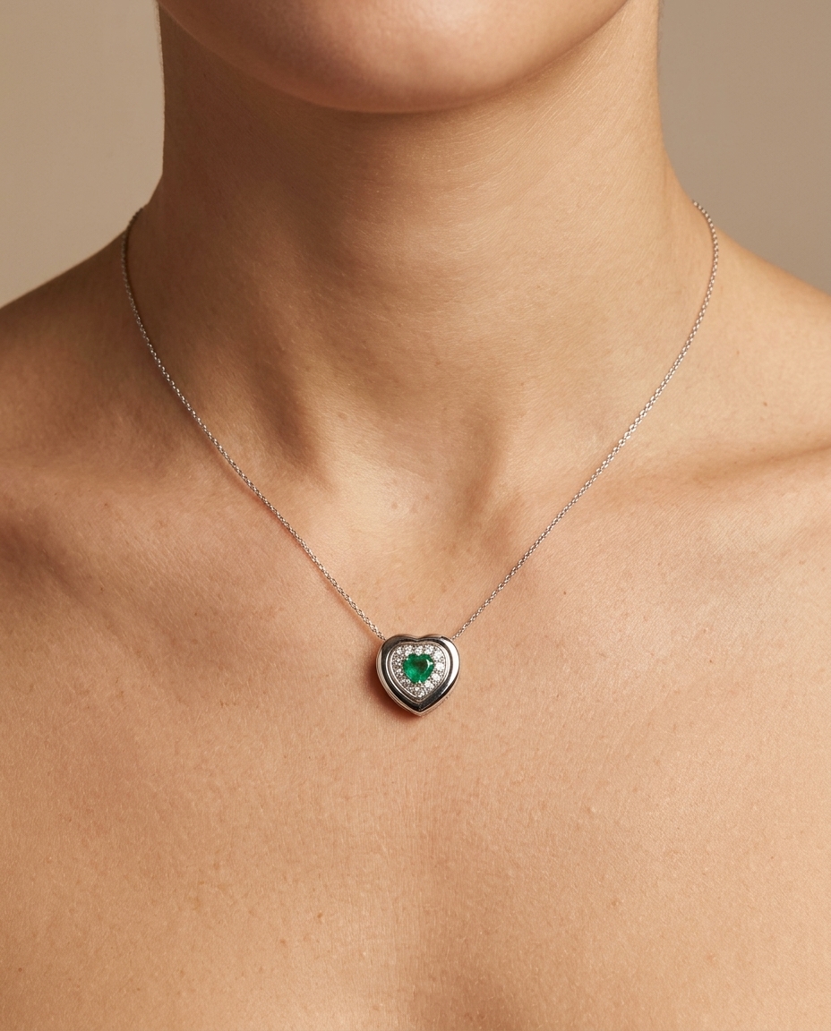 18KT White Gold Emerald and Diamond Necklace view 2