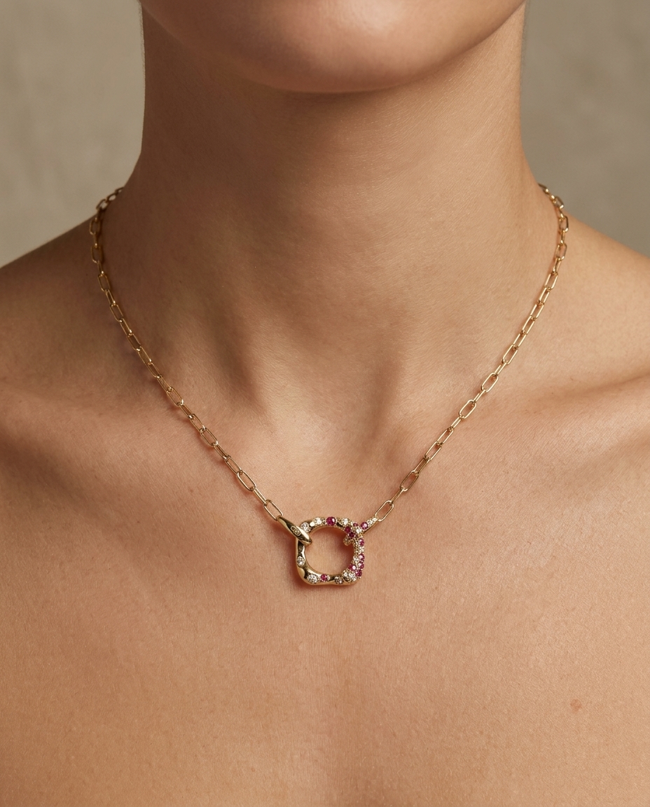 18KT Yellow Gold Pink Sapphire Ruby and Diamond Necklace view 2