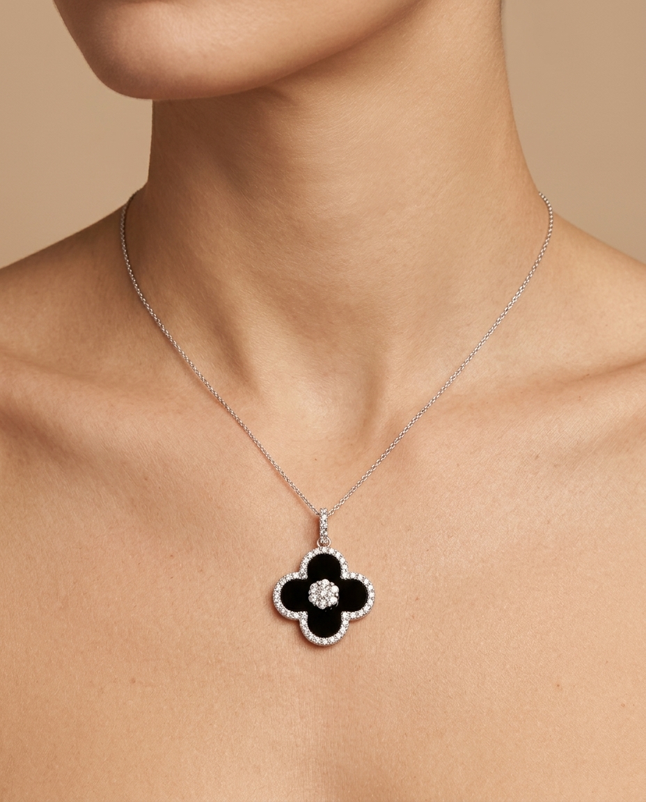 18KT Gold Black Onyx and Diamond Flower Pendant view 2