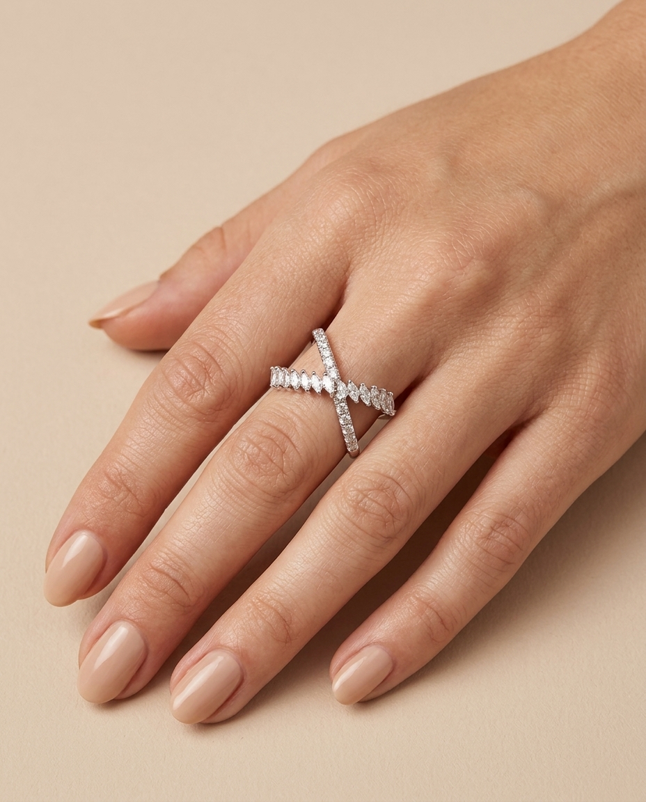 18K Gold Diamond X Ring on model