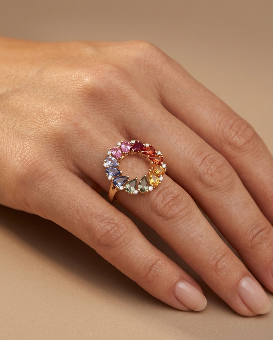 18KT Gold Multi Sapphire and Diamond Ring on model