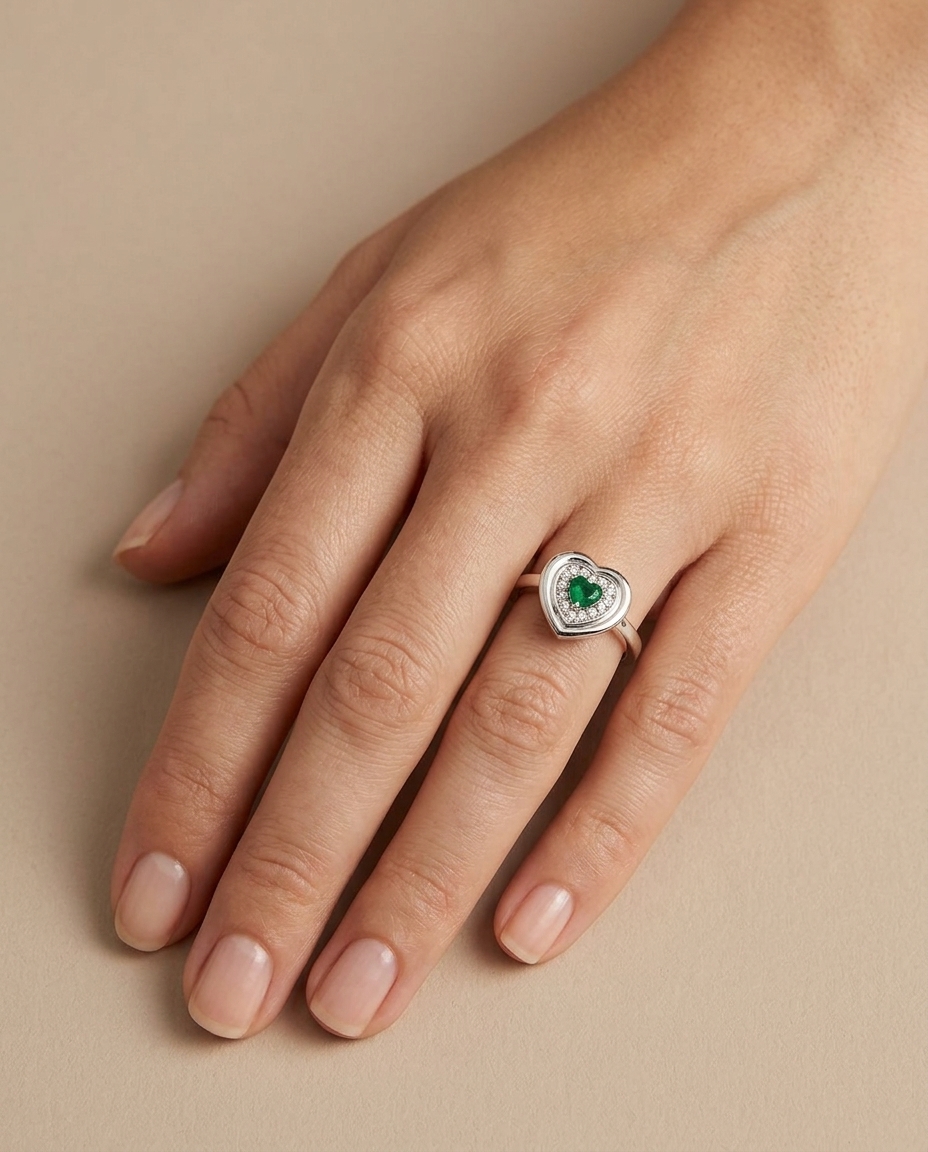18KT White Gold Emerald and Diamond Ring view 2