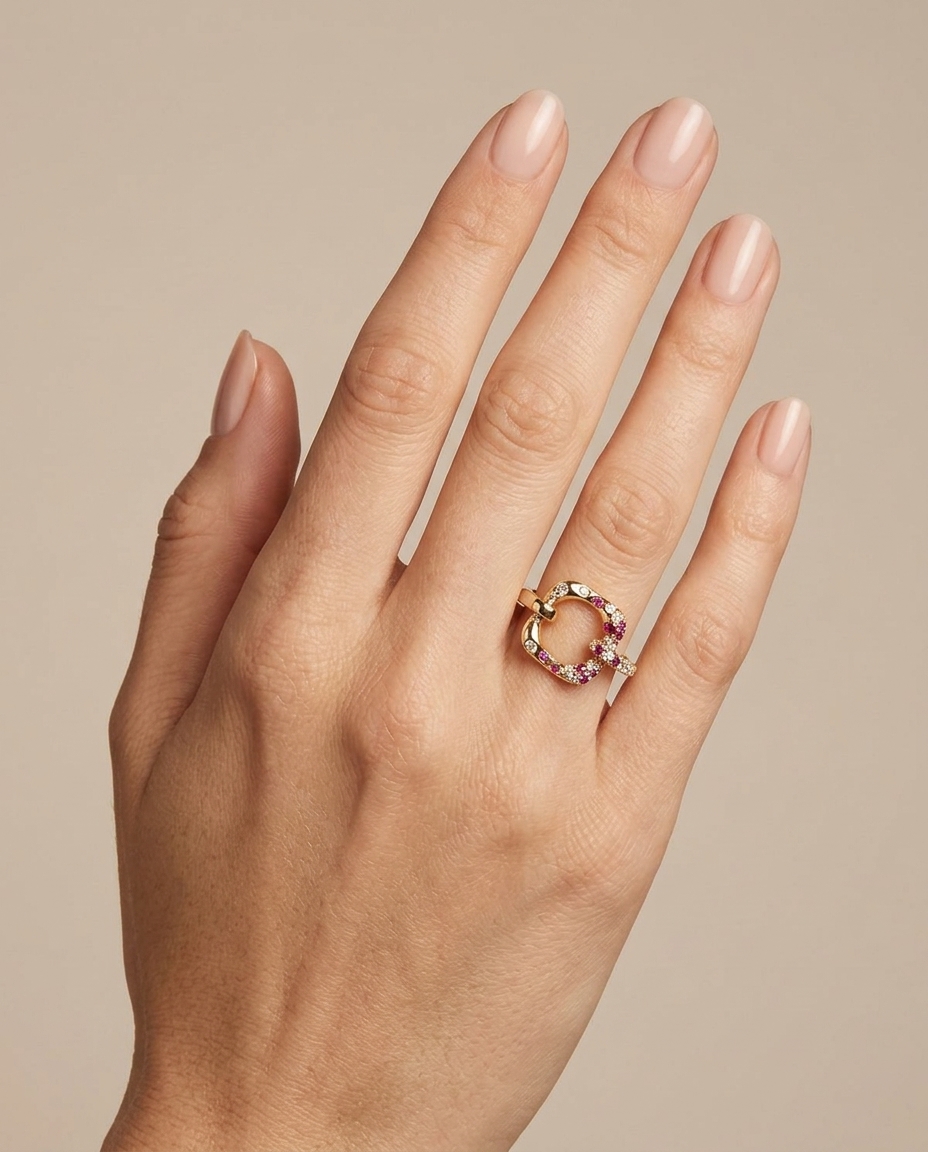 18KT Yellow Gold Pink Sapphire Ruby and Diamond Ring view 2