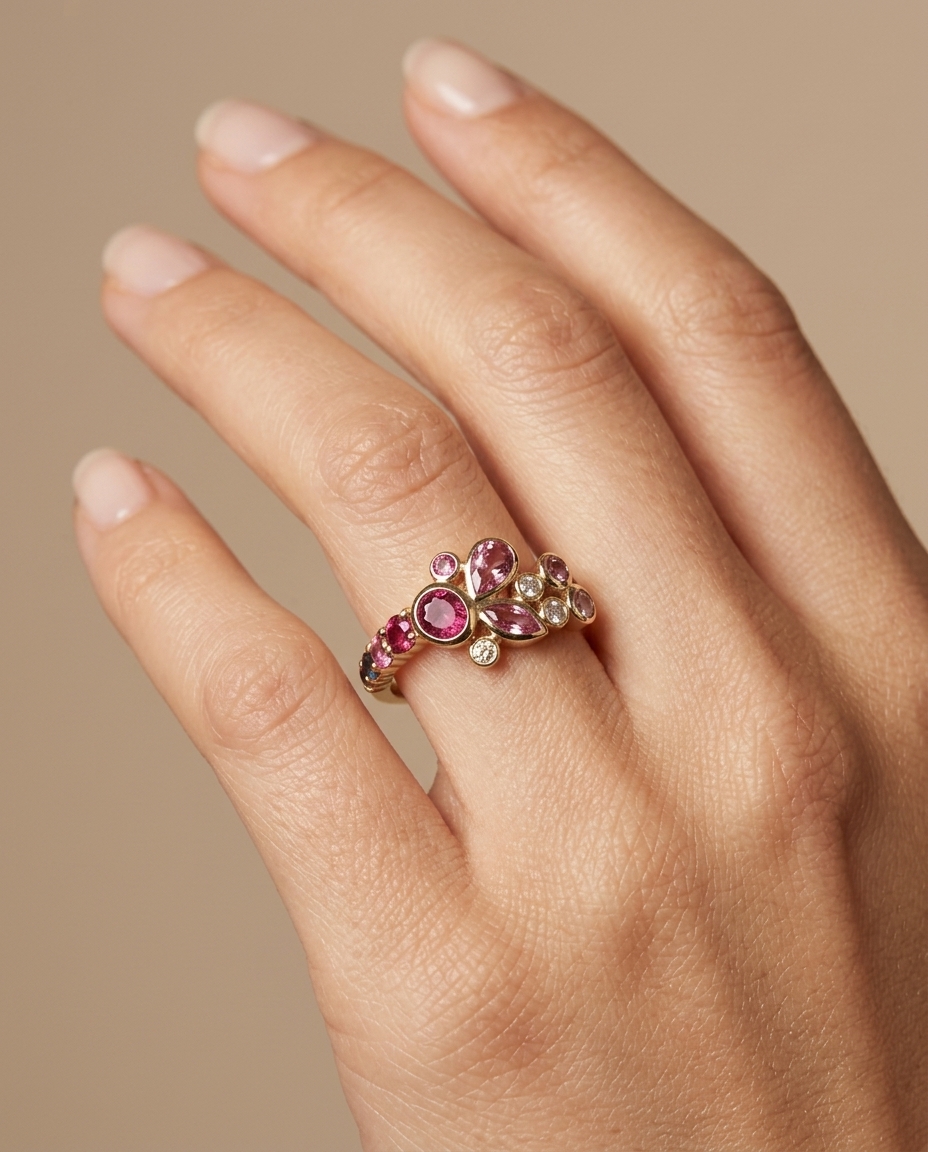 18KT Yellow Gold Ruby Sapphire and Diamond Ring on model
