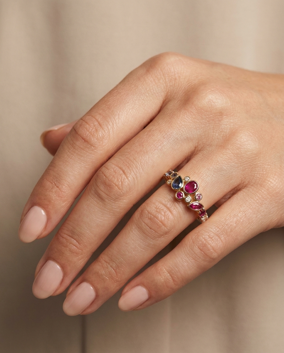 18KT Yellow Gold Sapphire and Diamond Ring on model
