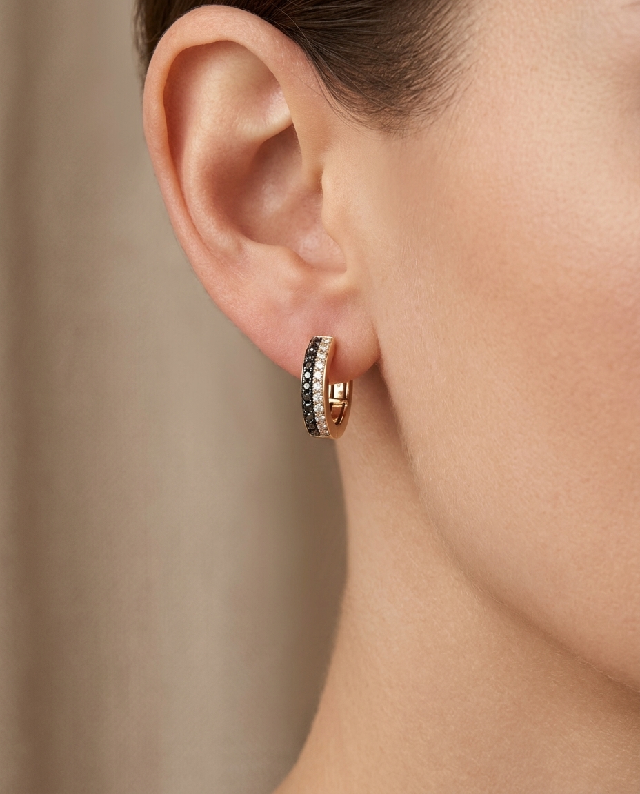 18K Yellow Gold Black Diamond and Diamond Earring view 2