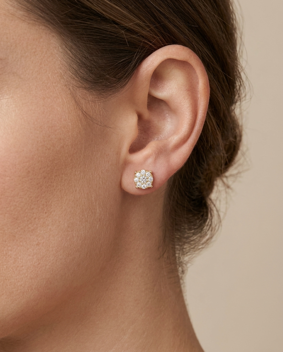 14KT Gold Diamond Round Earring Studs on model