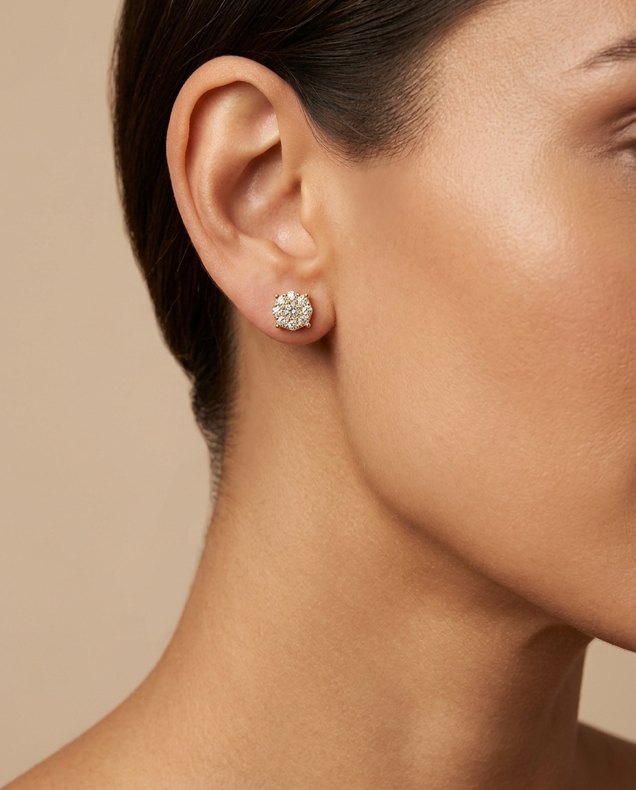 14KT Gold Diamond Round Earring Studs on model