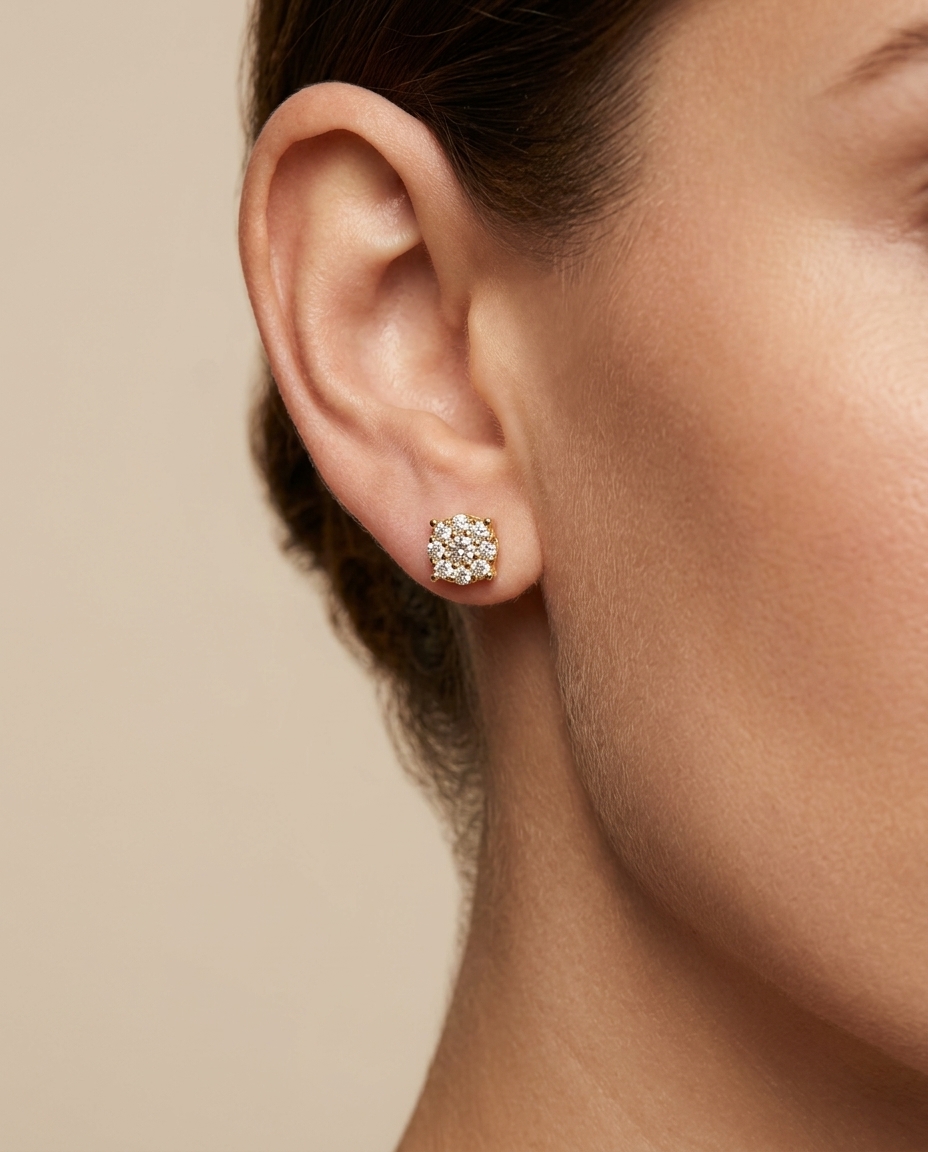 14KT Gold Diamond Round Earring Studs on model