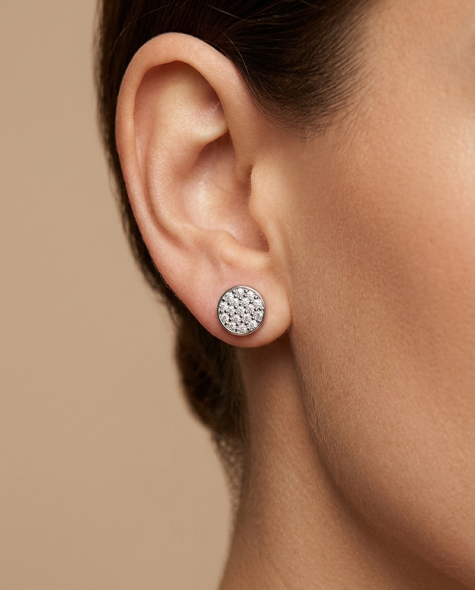 14KT Gold Diamond Round Disk 8 MM Ear Studs view 2
