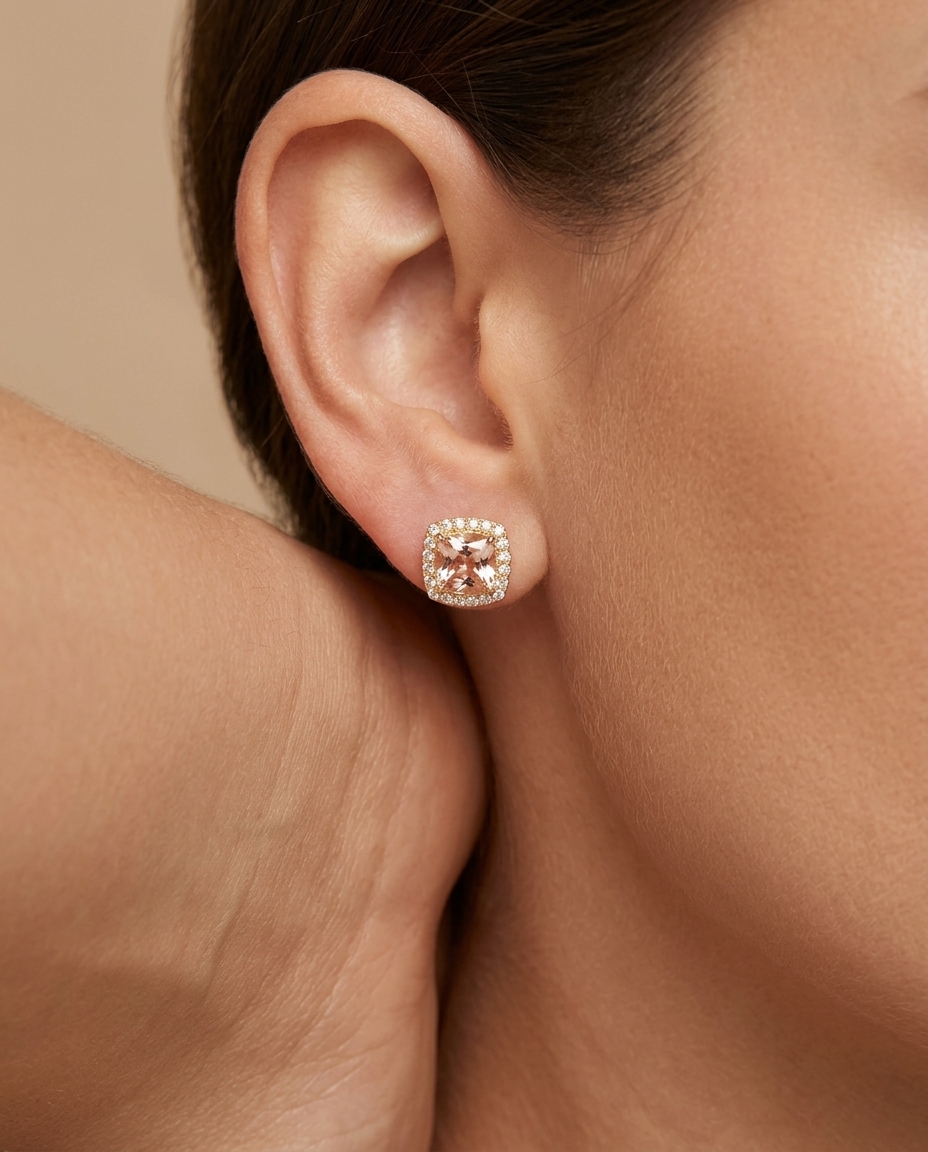 14KT Gold Morganite and Diamonds Earring on model