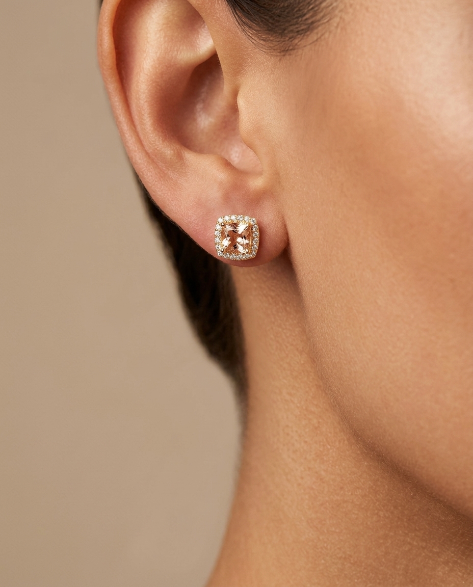 14KT Gold Morganite and Diamonds Earring on model