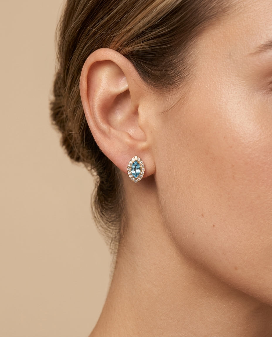 14KT Yellow Gold Aquamarine and Diamond Earing on model
