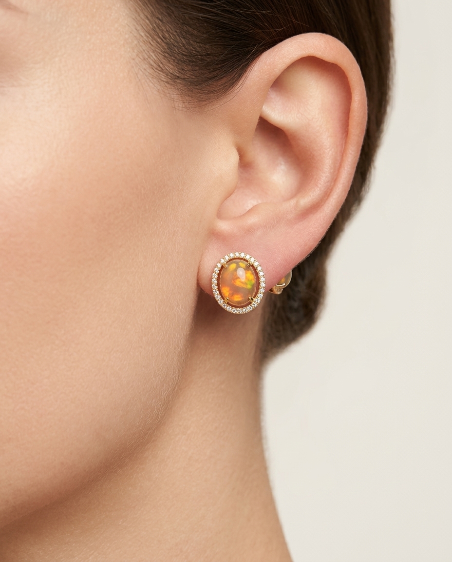 14KT Gold Opal with Diamonds Earring on model