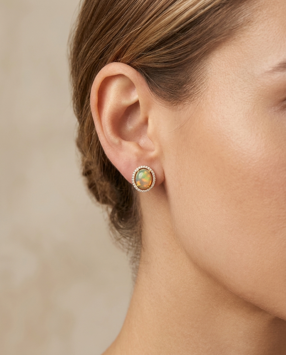 14KT Gold Opal with Diamonds Earring on model