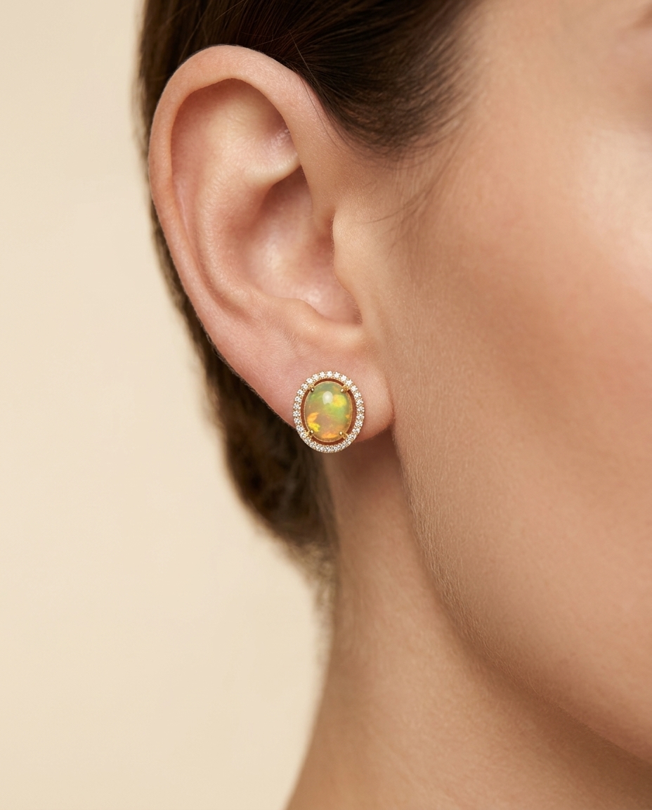 14KT Gold Opal with Diamonds Earring view 2